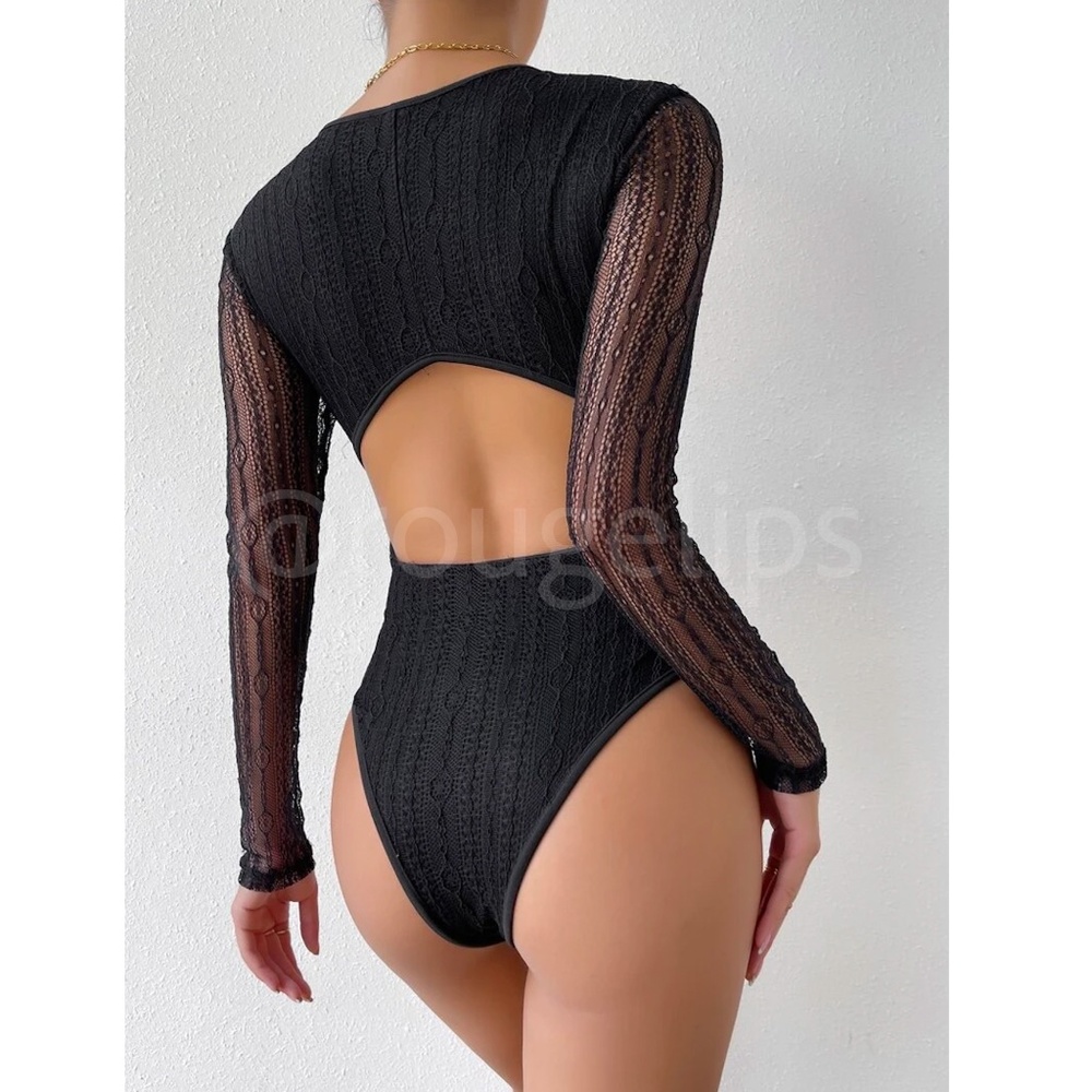 Black Lace Bodysuit Cut Out Back V-Neck Long Sleeve - Picture 4 of 13